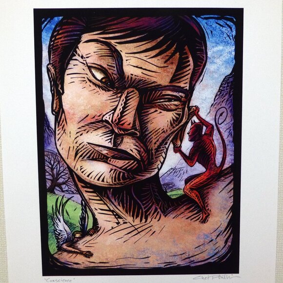 “CONSCIENCE” DEVIL ON SHOULDER FRAMED SIGNED ARTWORK PRINT BY CHET PHILLIPS - Picture 3 of 7